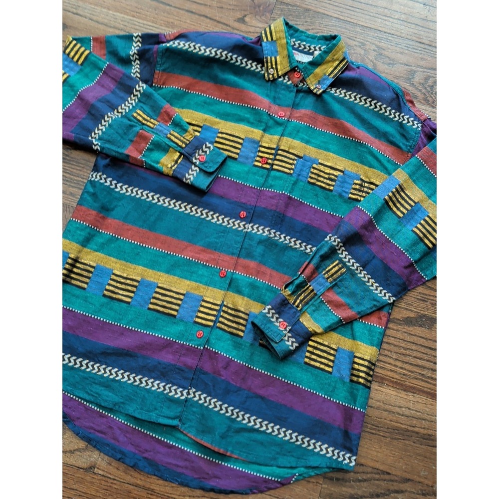 Vtg Cristina Geometric Colorful Print Long Sleeve Button Up Shirt Women Sz M